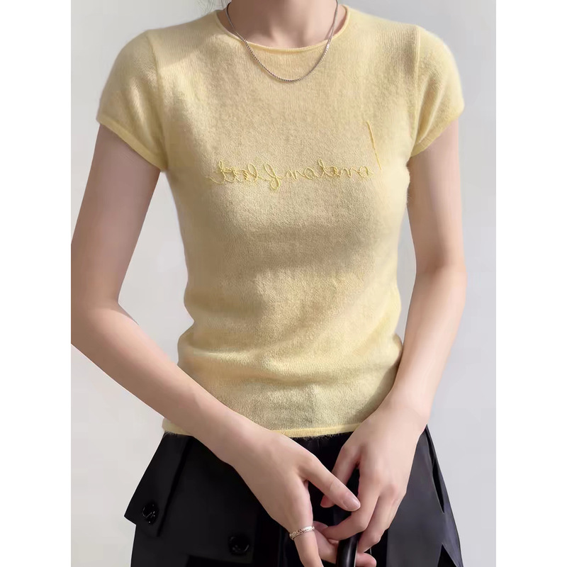 Beautifully Designed Yellow Embroidered Rolled-Edge Short-Sleeved Shirt for Women, Summer Stylish Design, Knitted Ice Silk Top Beautifully Designed Yellow Embroidered Rolled-Edge Short-Sleeved Shirt for Women, Summer Stylish Design, Knitted Ice Silk Top