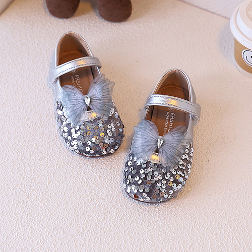 Autumn Korean-style shiny sequin winged shallow mouth poodle shoes with soft soles for girls and children princess single shoes
