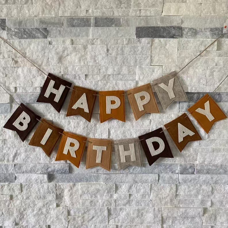 跨境专供 毛毡生日拉旗波西米亚毛毡生日快乐横幅英文鱼尾旗拉花