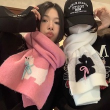 甜酷兔手工蝴蝶结冬季保暖围巾女针织毛线仿羊绒围脖纯色卡通韩