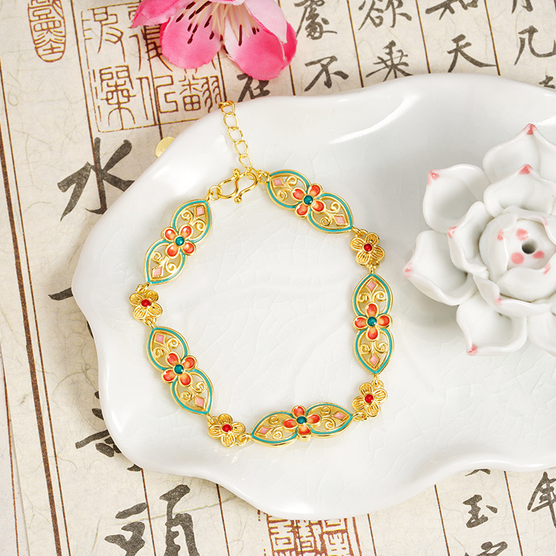 Guochao antiguo pulsera de oro de estilo de corte esmalte colorido flores ruyi joyas de mano femenina no se desvanecen joyas
