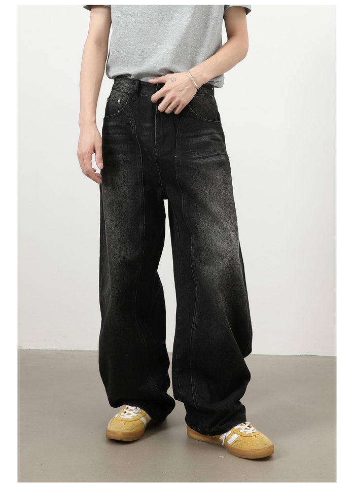 Quần jeans nam dáng thẳng rộng phối màu phong cách retro — màu xanh, màu xám đen chi tiết 15