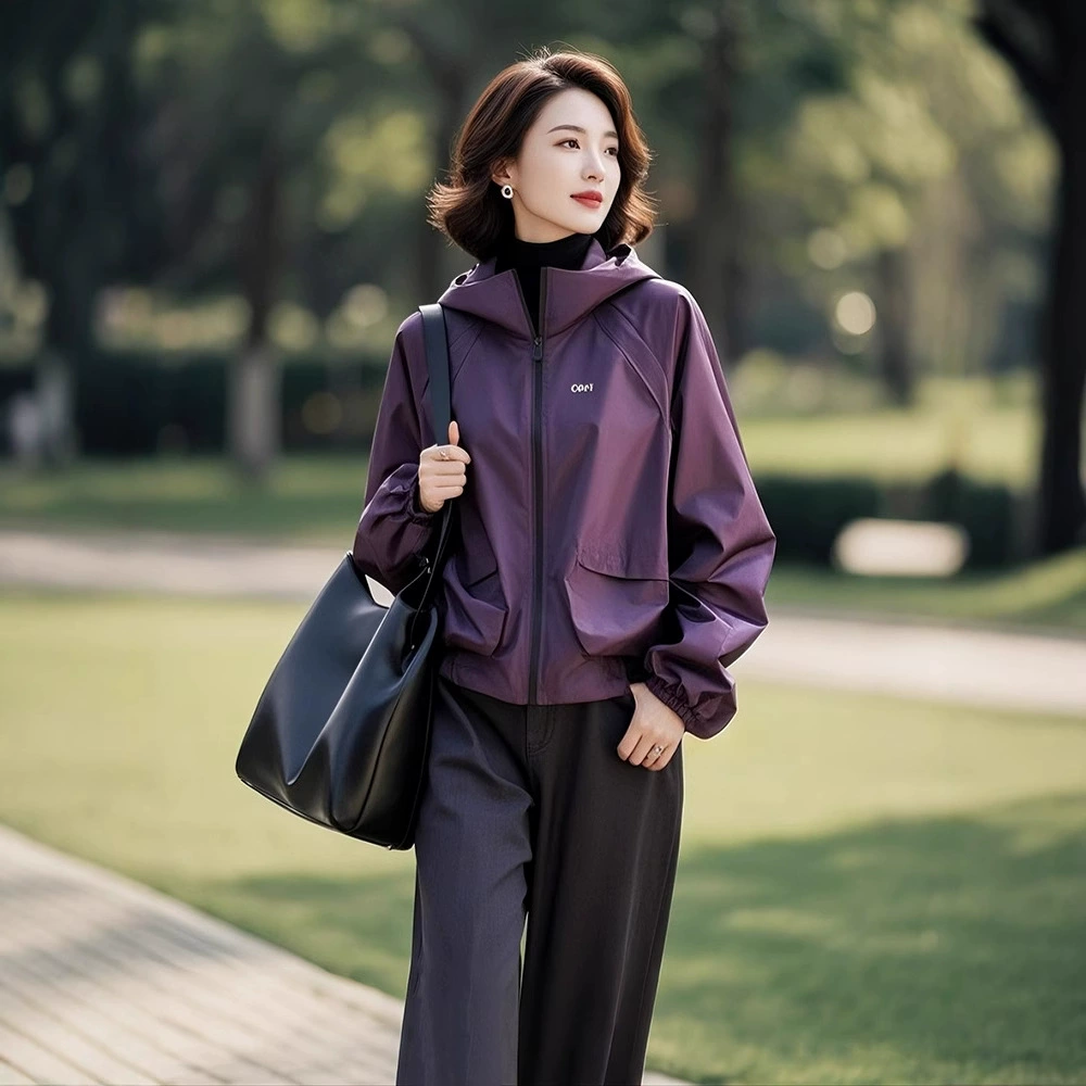 2025 весной на открытом воздухе женская куртка уникальная красивая супер красивая маленькая фиолетовая куртка с капюшоном