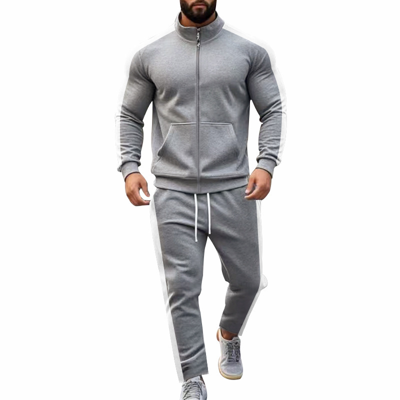 Traje de dos piezas de otoño e invierno de manga larga para hombre transfronterizo de Amazon, chaqueta deportiva casual con cuello alto en contraste, suéter, traje de hombre