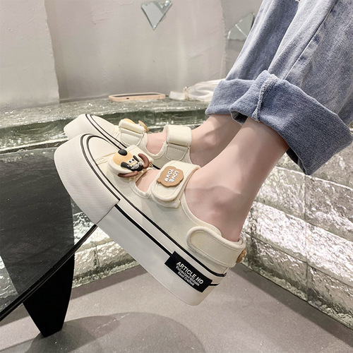 Hong Kong-style white sneakers for women, summer hollow-out breathable design,  new arrival—velcro-fastened canvas board shoes with chunky soles, perfect for students.