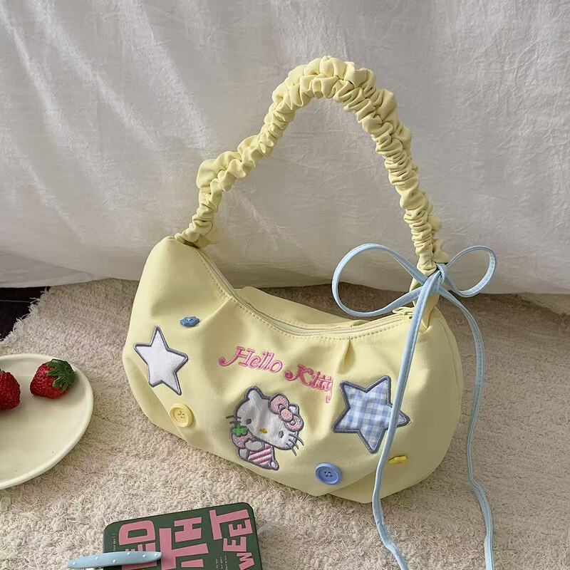 Korean Style Cute Pleated Drawstring Kitty Shoulder Bag for Women 2026 New Fashion Versatile Stylish Commuter Crossbody Bag