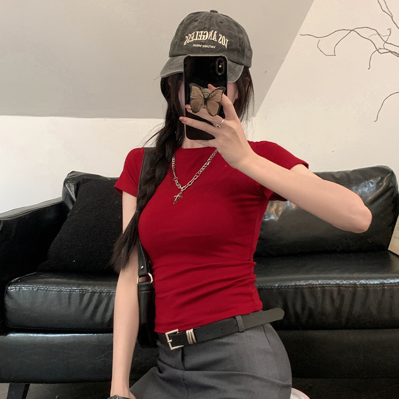 American retro purple front shoulder short-sleeved T-shirt for women in summer 2025 new basic slim hot girl top 62145