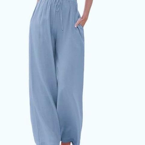 2025 TEMU Women's European and American Clothing Loose Straight Pocket Drawstring Wide Leg Pants