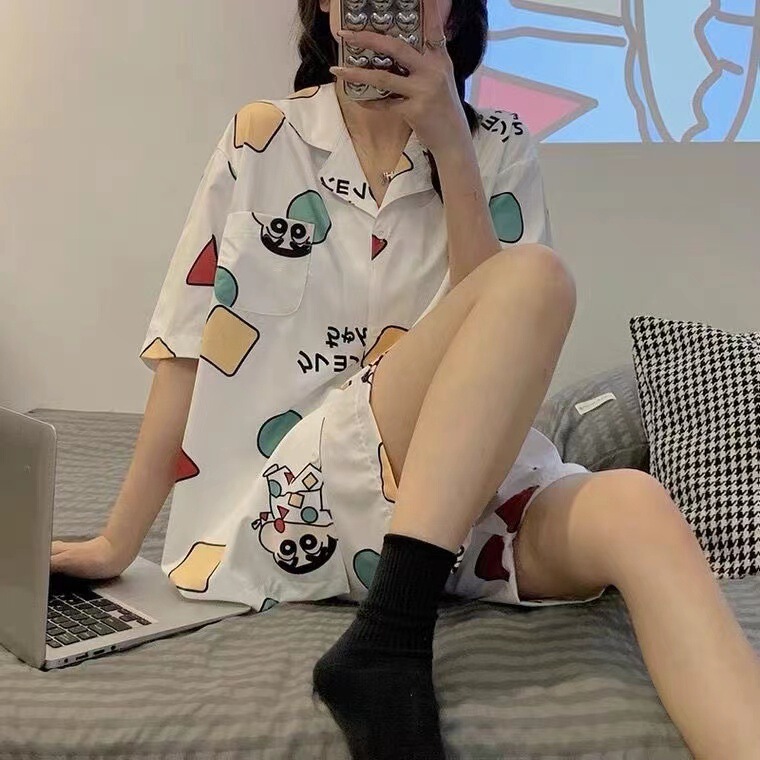 Pajamas Women's Summer Cute Crayon Shin New Fresh Student Cartoon Short-sleeved Cardigan Outwear Summer Home Clothes Set