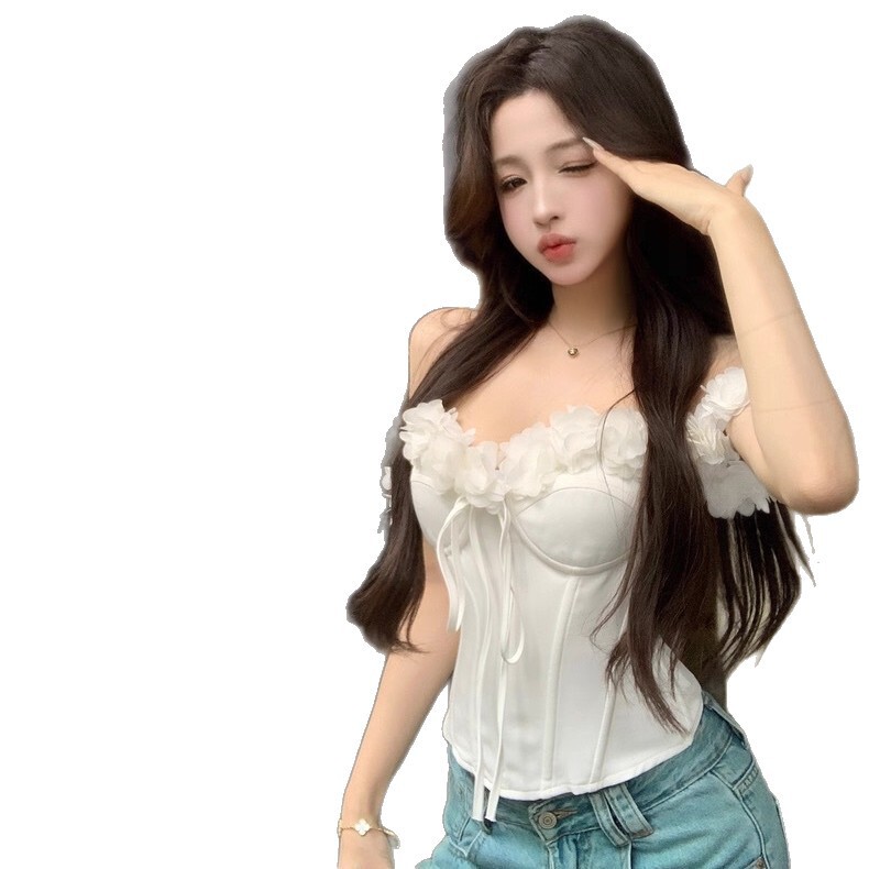 纯欲风辣妹蕾丝花边无袖背心女夏季新款修身显瘦白色抹胸鱼骨上衣|undefined