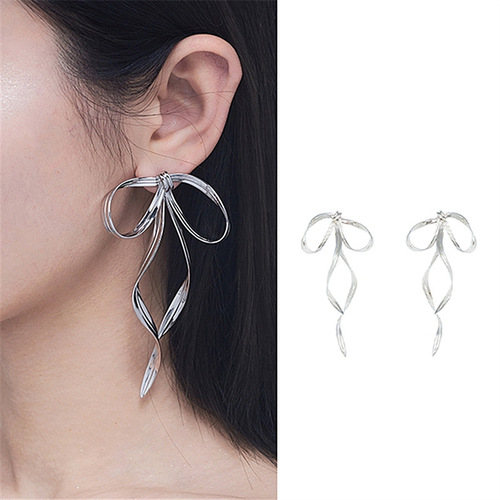 S925 Silver Needle Designer Earrings Silver Metal Bow Long Ribbon Earrings Female Fairy Style Ancient Style Earrings