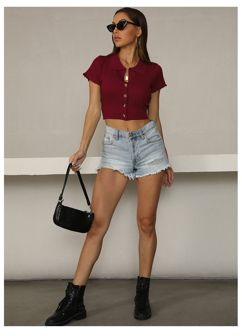 women s solid color lapel knitted bottoming short shirt nihaostyles wholesale clothing NSDMB79429