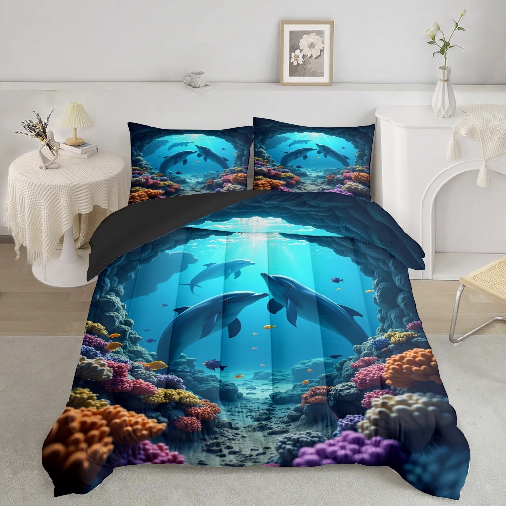 TEMU / JIT transfronterizo animal marino pequeño delfín tortuga impresión digital 3D 180gms colcha almohada set