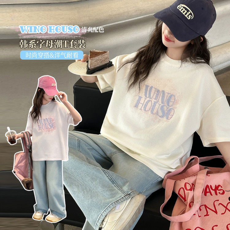 Girls' Printed T-Shirt and Jeans Set 2026 Summer New Fashion Straight-Leg Jeans Loose Short-Sleeve for Older Children