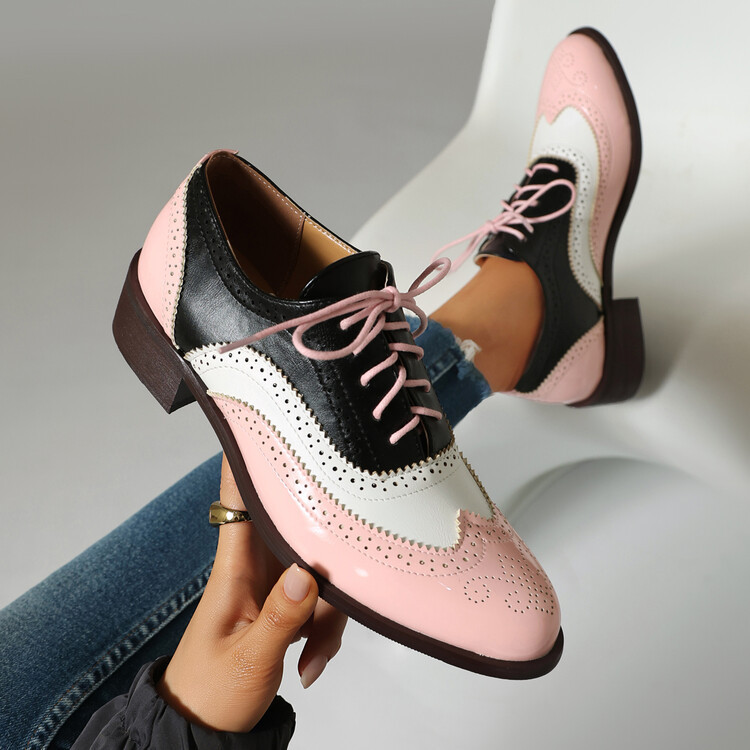 Zapatos de tacón bajo de talla grande con cordones en la parte delantera y cabeza redonda a la moda para mujer_voghion.com