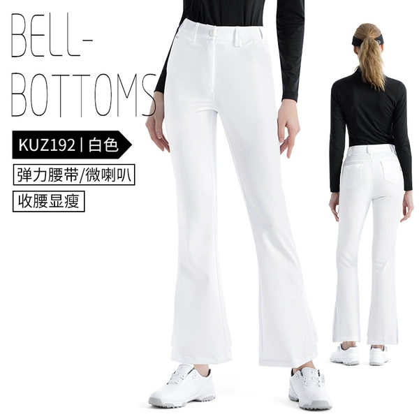 White flared trousers, elastic belt, underwear for hips shape correction
