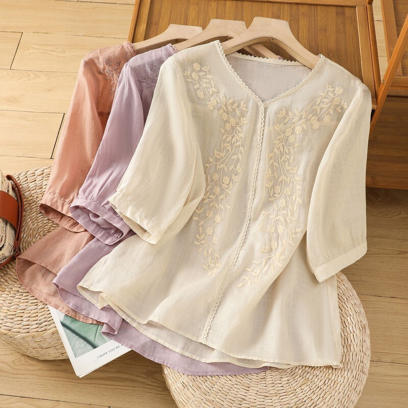 Cotton and Linen Vintage 2026 Embroidered Shirt Summer New Loose Artistic Blouse Round Neck T-Shirt Orange Color