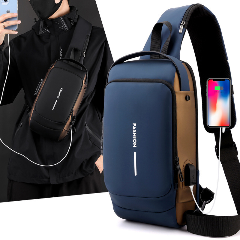 コントラストカラーバイクバッグメンズパスワードロック盗難防止チェストバッグメンズクロスボディバッグチェストバッグアウトドアスポーツUSBインターフェースチェストバッグ|undefined