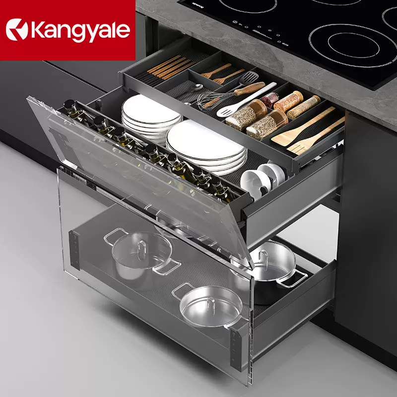 厨房轻松抽拉篮橱柜倾斜随心抽碗碟拉篮三层抽屉式调料锅具拉篮