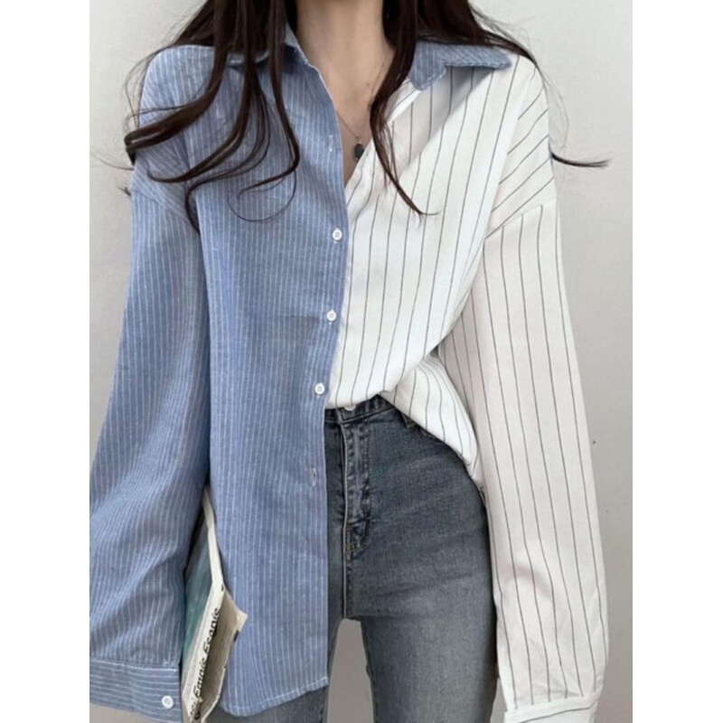 Plus-Size 150kg Autumn Cute Age-Reducing Niche Design Color-Blocking Casual Striped Patchwork Women's Shirt Trendy Top Plus-Size 150kg Autumn Cute Age-Reducing Niche Design Color-Blocking Casual Striped Patchwork Women's Shirt Trendy Top