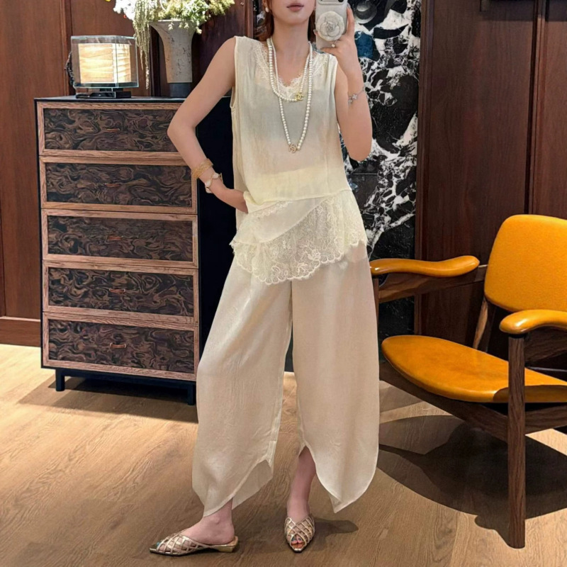 Nanyou Design Silk Velvet Lace Trim Vest Top 2026 Summer Style French Ladylike Sleeveless Shirt