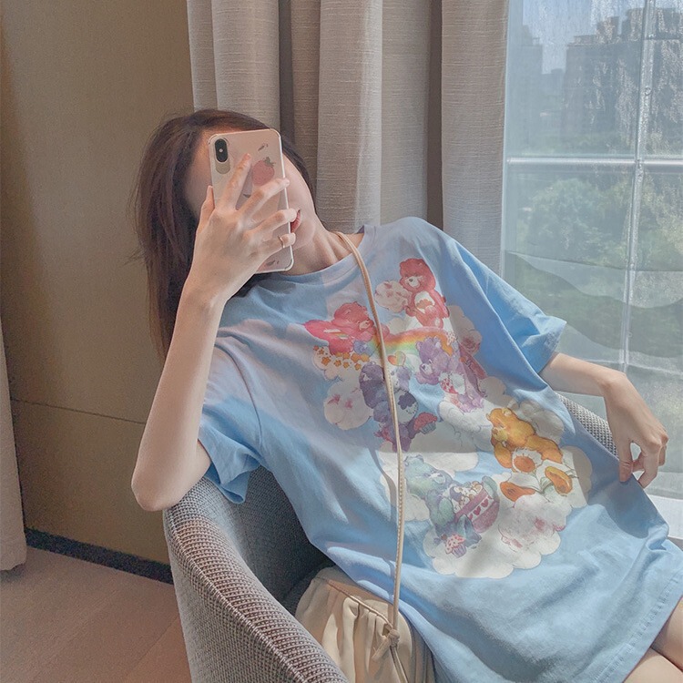 2025 New Blue Bear T-Shirt Short-Sleeved Loose Top Popular Female Ins Super Popular Casual Mid-Length t Summer