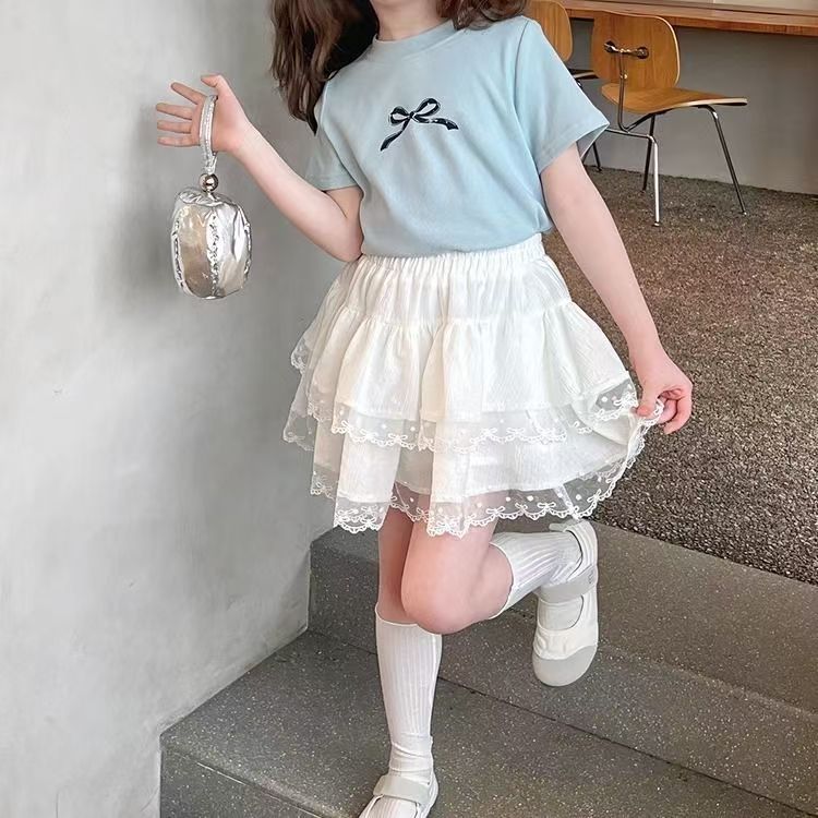 Girls' Skirt 2025 Summer New Style Medium and Large Kidsren's Cake Skirt Fluffy Lace Skirt with Safety Pants