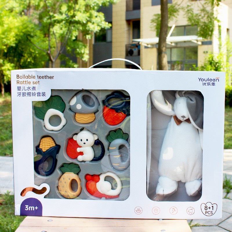 Juego de sacudida de Goma dental de youleyen marzo - diciembre regalo para bebés recién nacidos regalo de luna llena regalo de pollo lindo para calmar la Caja de regalo de juguete