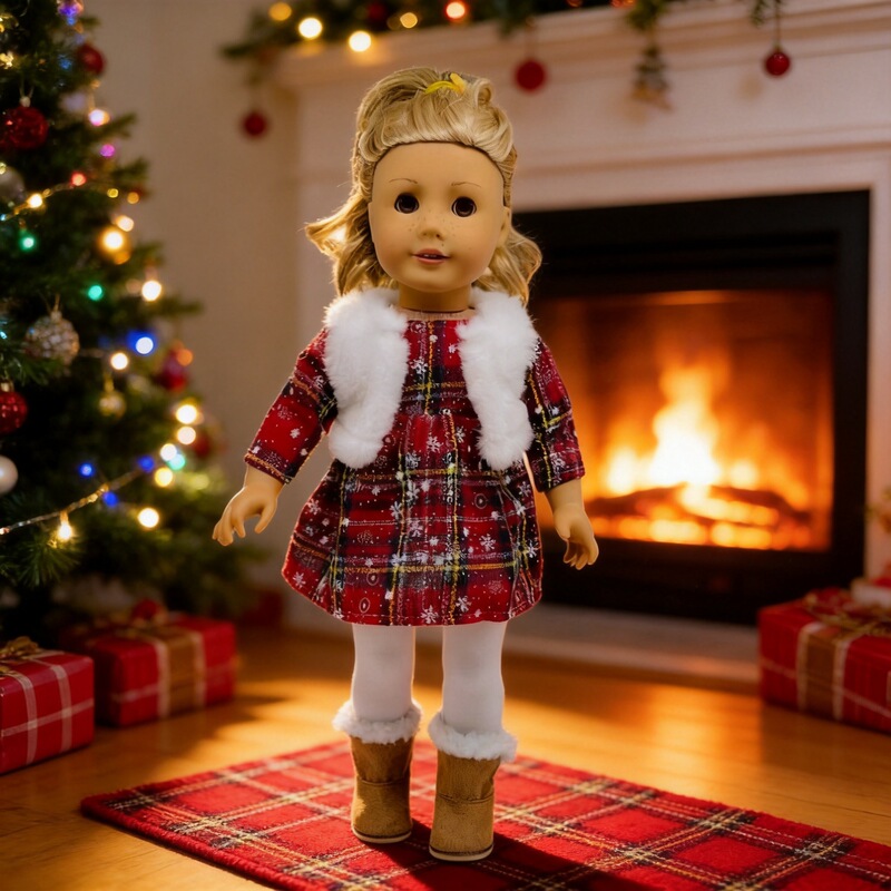18inch American Girl Doll Winter Outfit Set Christmas Dress White Leggings White Fur Vest 3-Piece Set
