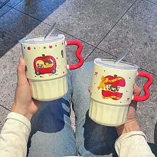 Apple Girl Mug with Lid and Straw Cup Cute High-Looking Ceramic Water Cup Home Coffee Juice Cup