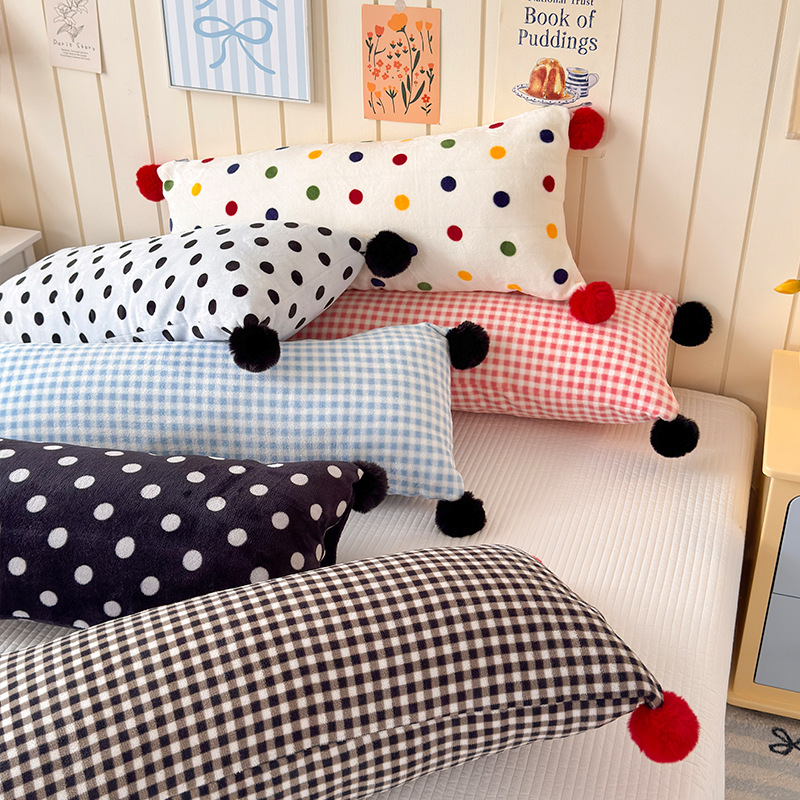 Ins Simple Polka Dot Plaid Milk Plush Ball Long Pillow Living Room Sofa Nap Pillow Pregnant Women Waist Pillow Cushion