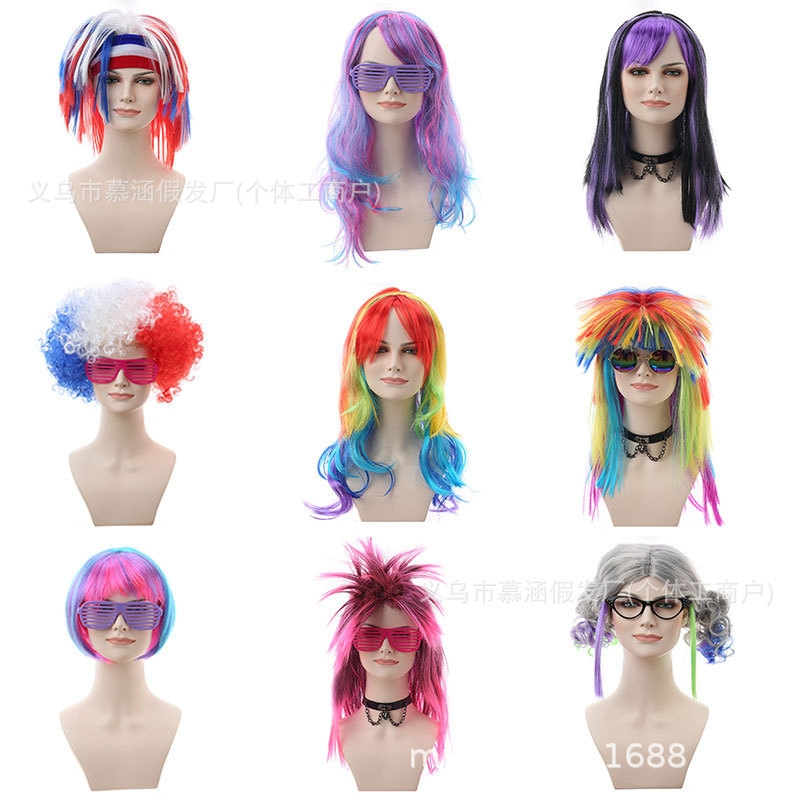 Amazon 80s Hip Hop Rock Fans Hair Gradient Curly Hair Mixed Color Long Straight Hair Inverted Wig Headgear