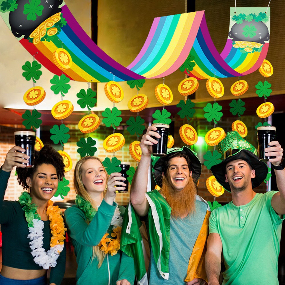 Banner de arco iris del día de San Patricio transfronterizo Lucky Clover Gold Coin Colgante Banner Decoración de escena Accesorios