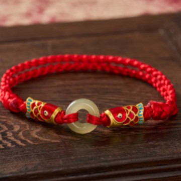 Koi Fish Amulet Bracelet with Five-Colored Red Cord, Woven with Cinnabar for Good Luck, Red Cord Bracelet, Gift for Girls and Best Friends