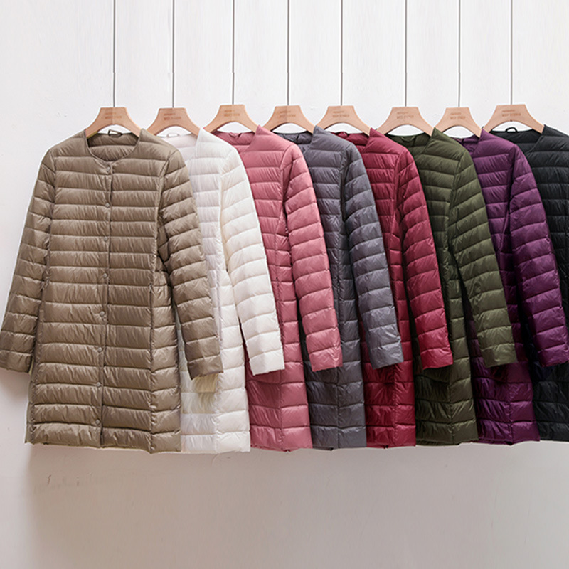 Youjia Clothing Lightweight down Jacket Women's Mid-Length Autumn and Winter Round Neck Long Jacket Collarless Changeable V-Neck Liner