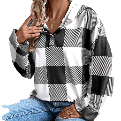 New Autumn/Winter Women's Fashionable Loose Casual Hoodie with Plaid Print and Button Closure, Long Sleeves – European and American Style