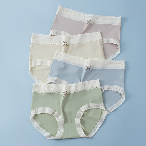 New women's ice silk underwear, high elasticity, contrasting color, sweet girly graphene breathable Japanese style mid-waist seamless briefs