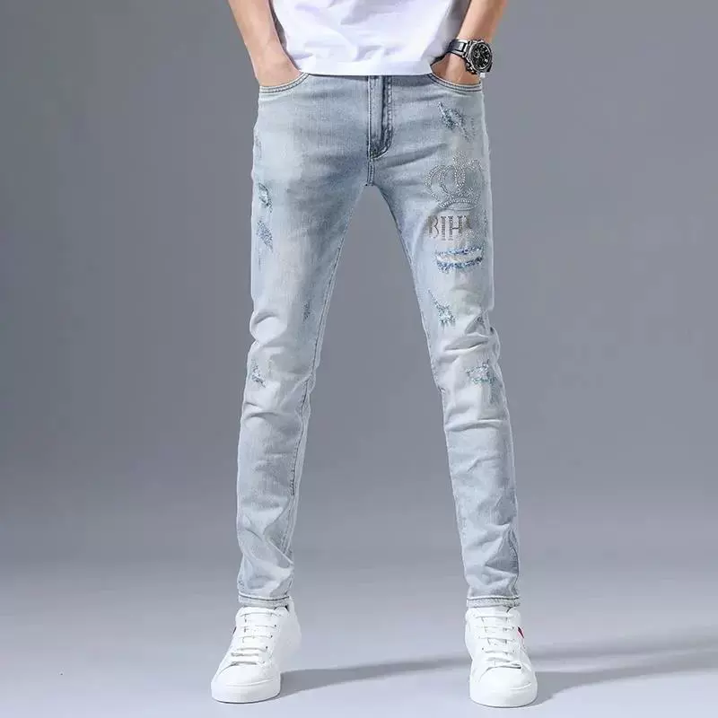 Осенние элитные трендовые джинсы, легкие брюки, с вышивкой, Slim fit