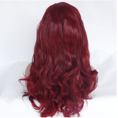 Peluca europea y americana, cabello rizado rojo, fibra química, encaje delantero, gancho de media mano, casco, cabello largo y rizado LW0115