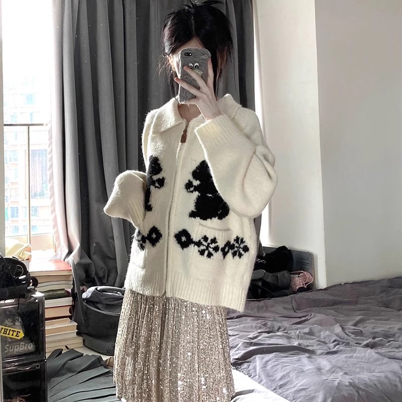 兔子提花翻领拉链毛衣外套女秋冬日系复古慵懒风撞色软糯针织开衫