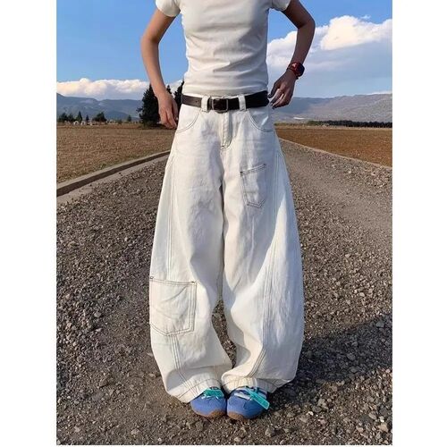 American High Street White Design Sensory Bending Knife Jeans Spring and Autumn New Loose Slimming High-Waisted Wide Leg Floor-Length Pants Trendy