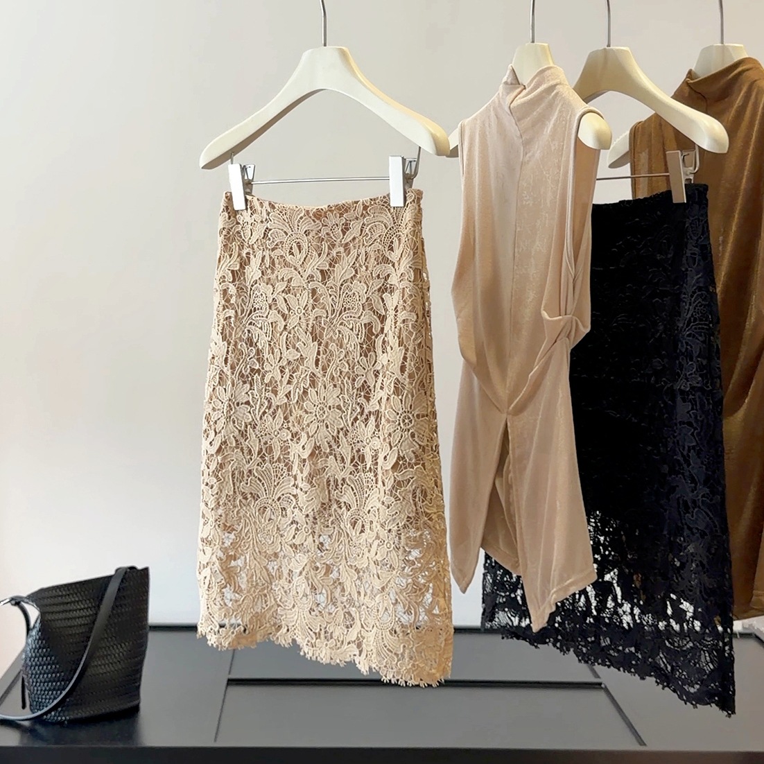 Women's French Lace Midi Skirt, High Waisted A-Line Bodycon Skirt With Elegant Hollow-out Design, Classy Office & Date Skirt_ecoleips.com