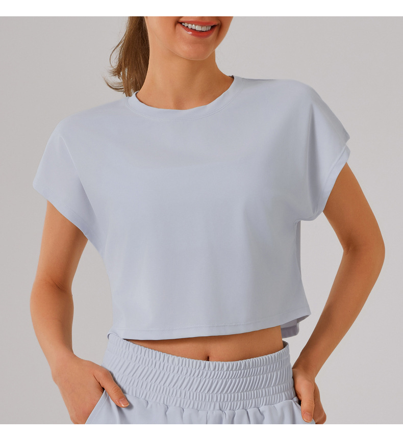 Solid Color round Neck Quick Dry Short Sleeved Top Faux Two Pieces Anti Exposure Shorts Loose Sports Yoga Fitness Set