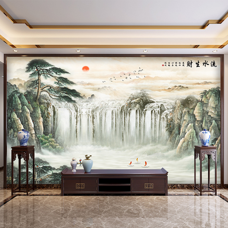 电视背景墙壁画新中式山水画流水生财壁布3D立体壁纸客厅影视墙布|undefined