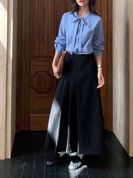 转角街头 蓝色蝴蝶结绑带条纹衬衫女长袖衬衣气质上衣|undefined
