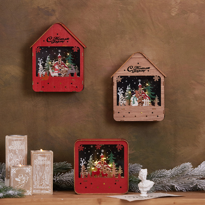 Navidad retro luminosa madera pequeña decoración de la casa colgante con luces decoración de Navidad escena disparo de props