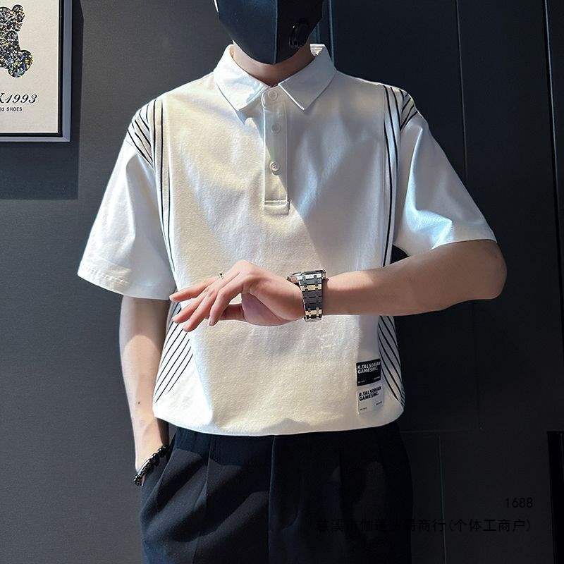 Summer collared slim fit polo shirt men's short sleeve striped patchwork Korean style trendy casual short sleeve T-shirt handsome