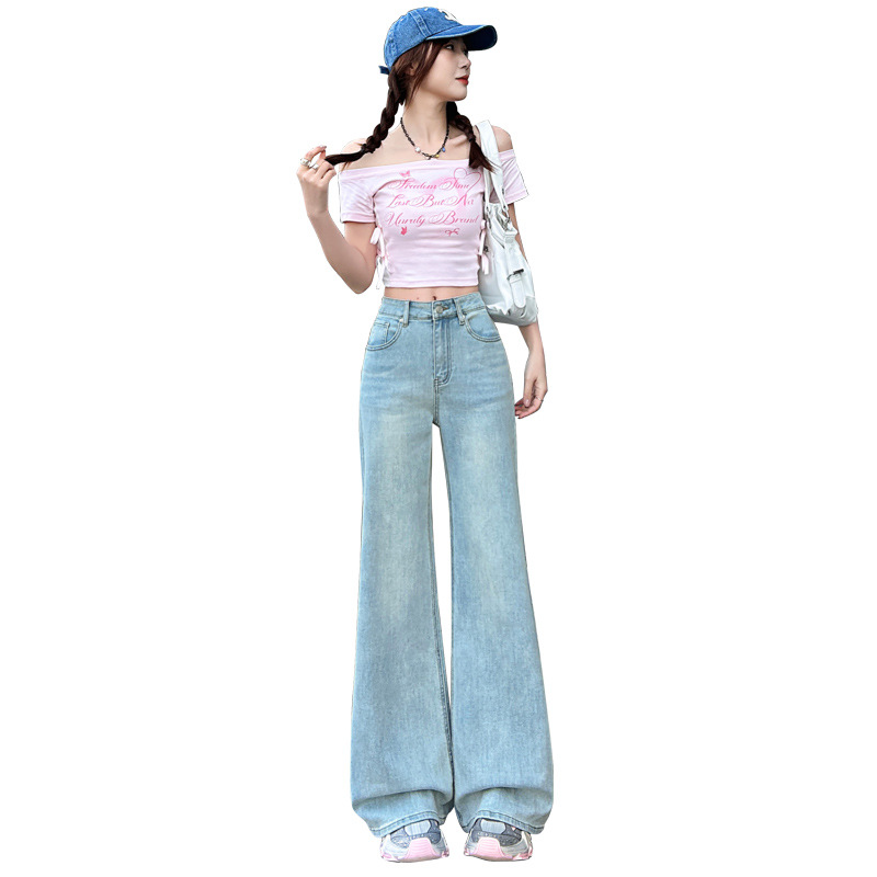 Lace elastic summer retro blue flared trousers