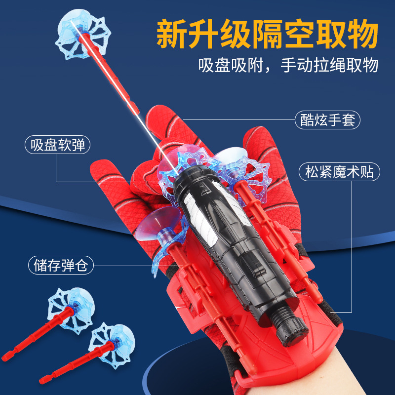 Héroe transfronterizo Araña lanzador lechón eyección spinning Jet sticky Wall Soft Bullet Gun muñeca guantes de juguete