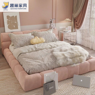 Cream-Colored Puff Bed Velvet Fabric Ins-Style Cloud Bed Small Apartment Modern Minimalist Home Bedroom Storage Fabric Bed